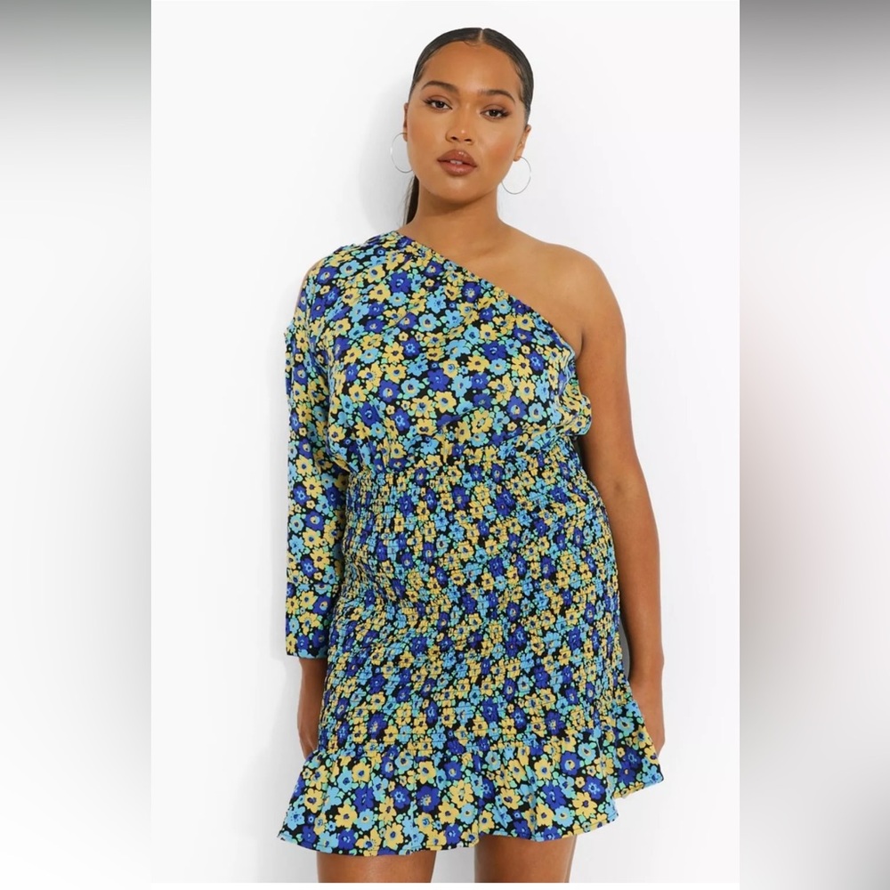Boohoo Plus Blue & Yellow Shirred Floral One-Shoulder Mini Dress Size 16